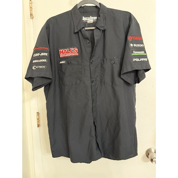 Throttle Threads mens work shirt motorcycle patches hall’s motorsports- Large - Picture 1 of 5